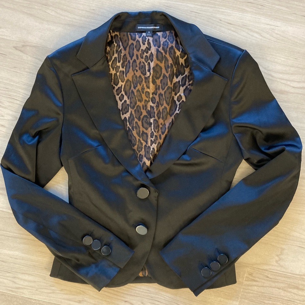 Express Black Satin Dress Blazer w/ Rhinestone Buckle sz 0 $128